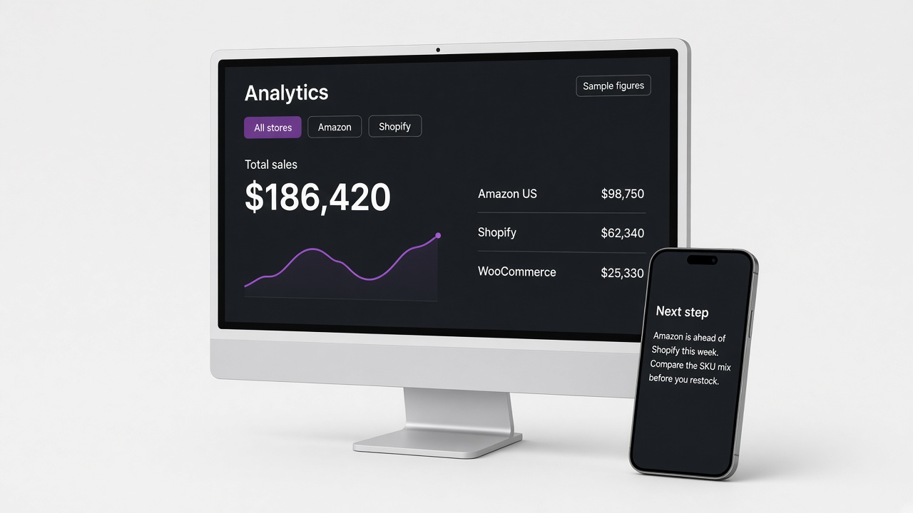 Monitor showing sample sales for all stores, and a phone with a next-step note